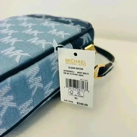 Michael Kors Sloan Editor Purse Small Phone Logo Jacquard Crossbody Navy - Picture 6 of 10
